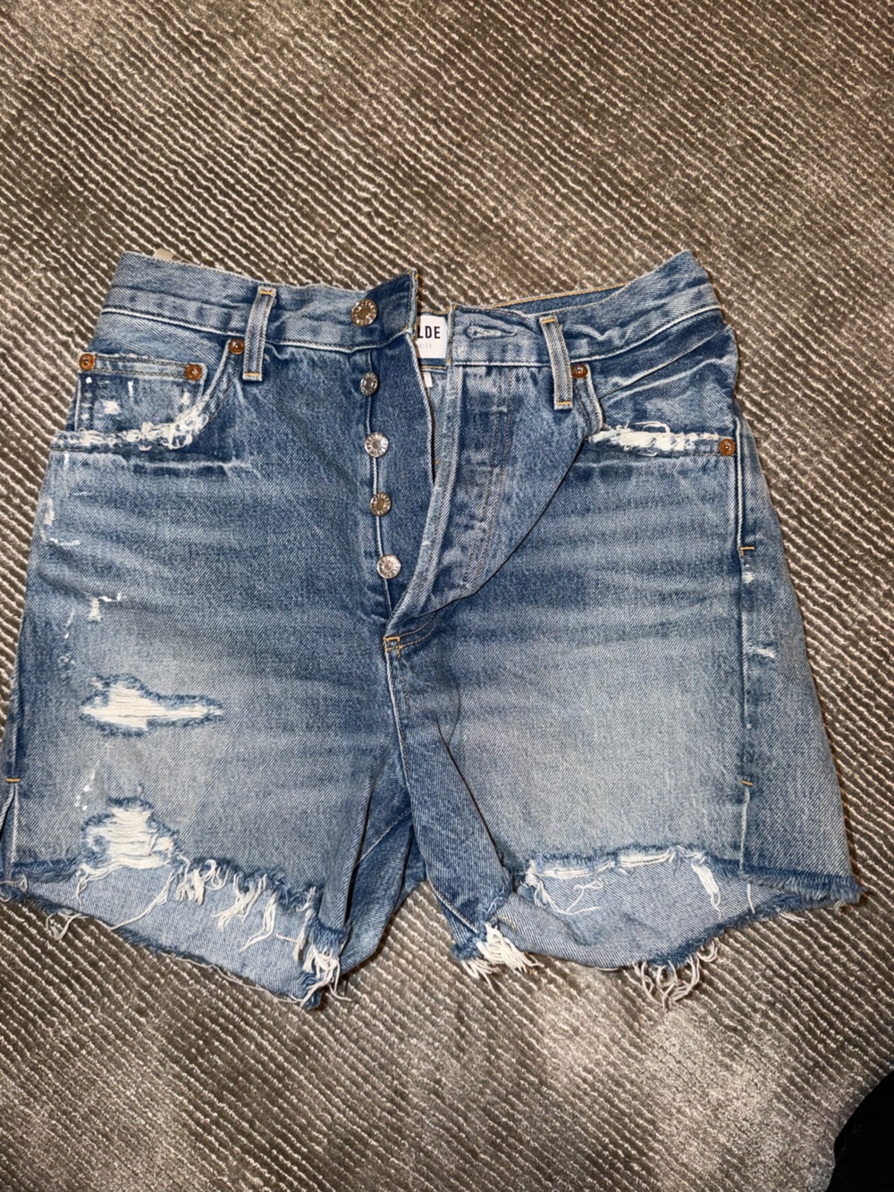 Agolde Medium Blue Distressed High-Rise Denim Shorts